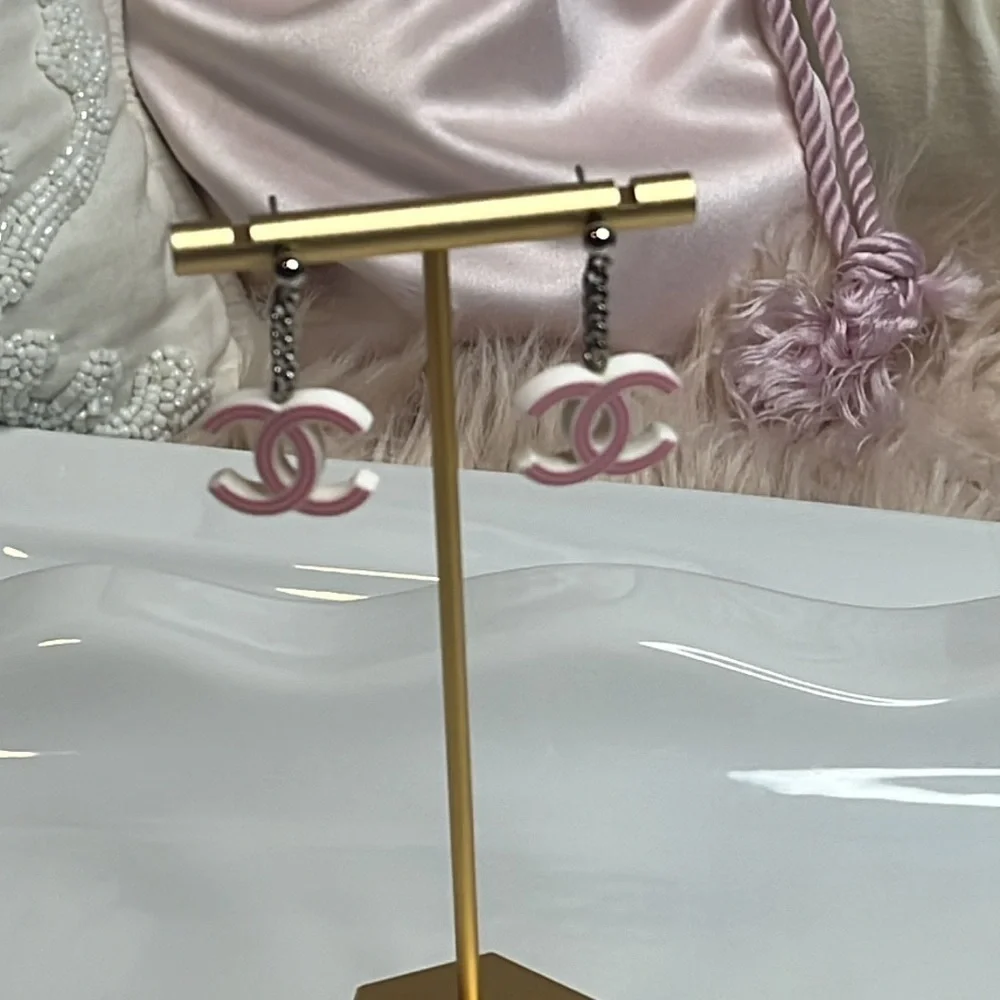 CHANEL VINTAGE CRUISE PINK WHITE STRIPE LOGO EARRINGS